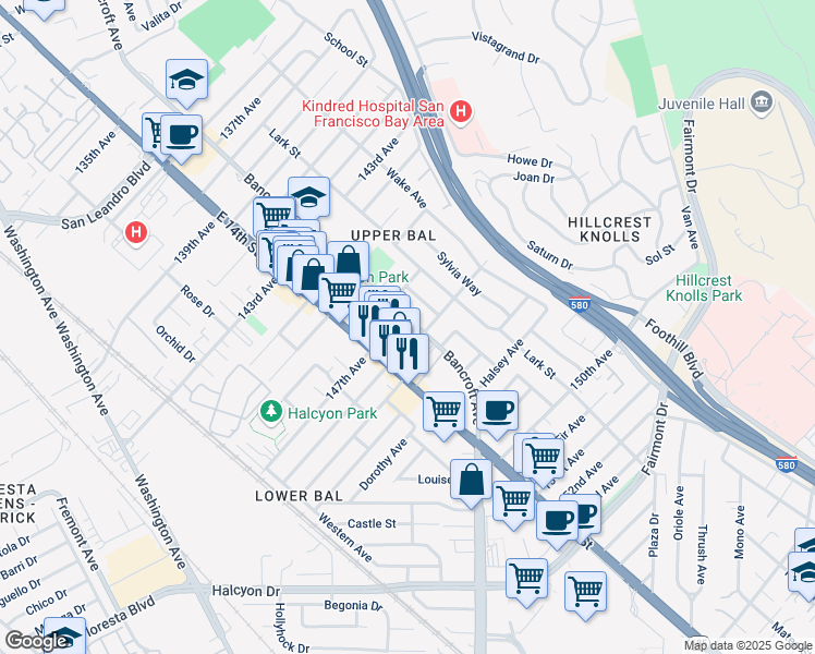 map of restaurants, bars, coffee shops, grocery stores, and more near 14757 Bancroft Avenue in San Leandro