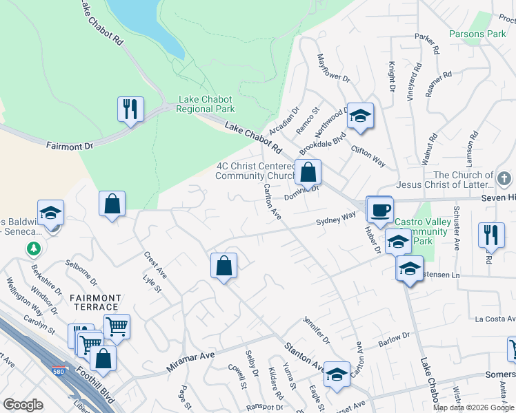 map of restaurants, bars, coffee shops, grocery stores, and more near 18457 Carlton Avenue in Castro Valley