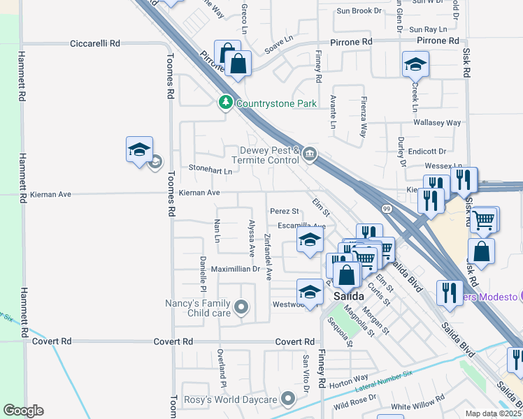 map of restaurants, bars, coffee shops, grocery stores, and more near 4901 Zinfandel Avenue in Salida