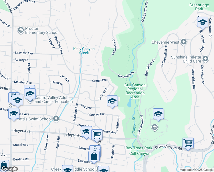 map of restaurants, bars, coffee shops, grocery stores, and more near 5272 Katrina Court in Castro Valley