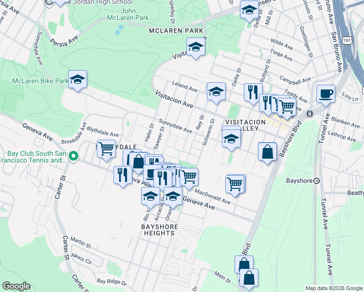 map of restaurants, bars, coffee shops, grocery stores, and more near 38 Garrison Avenue in San Francisco