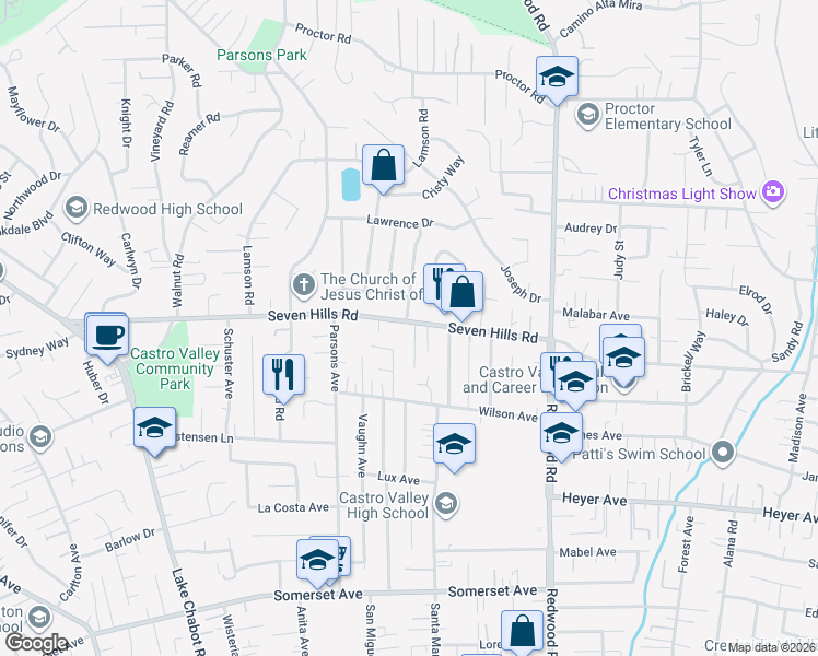 map of restaurants, bars, coffee shops, grocery stores, and more near 4217 Seven Hills Road in Castro Valley