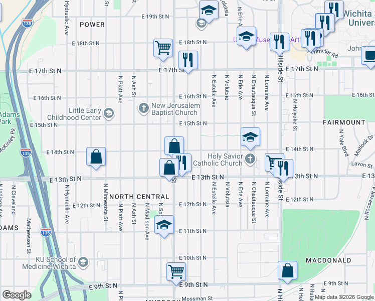 map of restaurants, bars, coffee shops, grocery stores, and more near 2500 East 14th Street North in Wichita