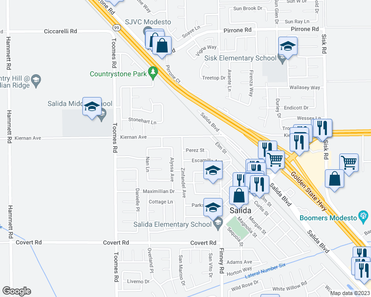 map of restaurants, bars, coffee shops, grocery stores, and more near 5107 Perez Street in Salida