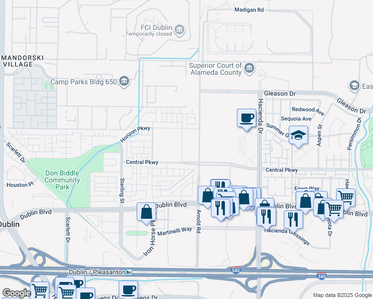 map of restaurants, bars, coffee shops, grocery stores, and more near 5773 Midnight Place in Dublin