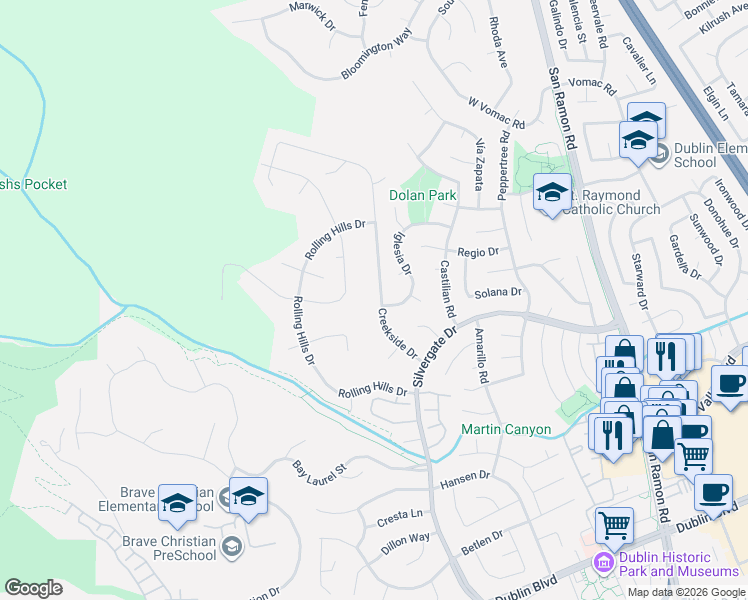 map of restaurants, bars, coffee shops, grocery stores, and more near 7920 Creekside Drive in Dublin