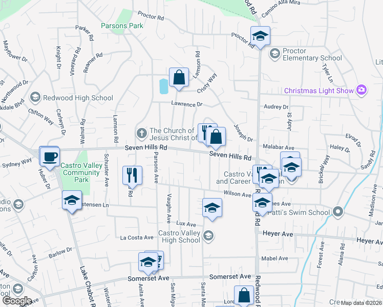map of restaurants, bars, coffee shops, grocery stores, and more near 4217 Seven Hills Road in Castro Valley