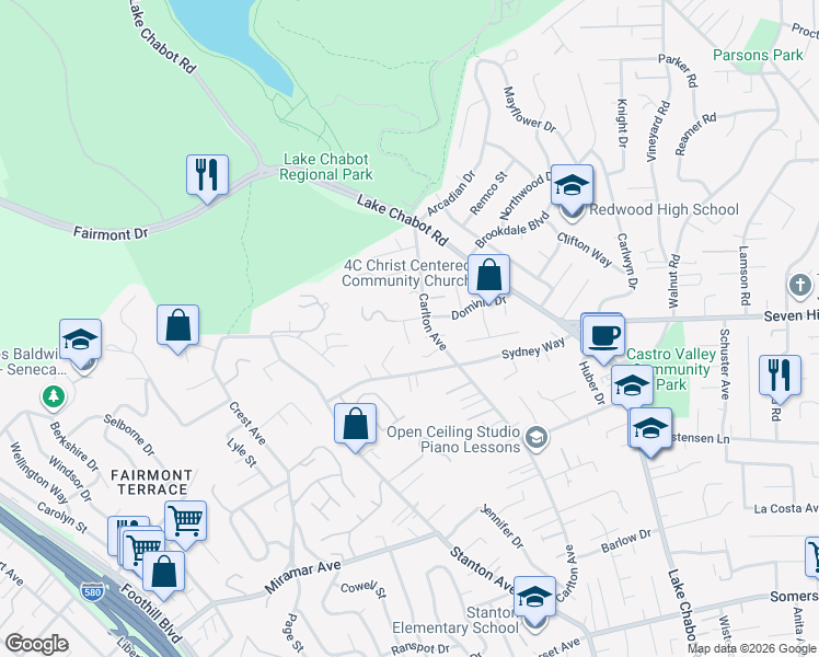 map of restaurants, bars, coffee shops, grocery stores, and more near 18457 Carlton Avenue in Castro Valley