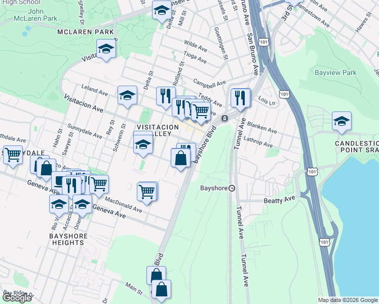 map of restaurants, bars, coffee shops, grocery stores, and more near 154 Desmond Street in San Francisco