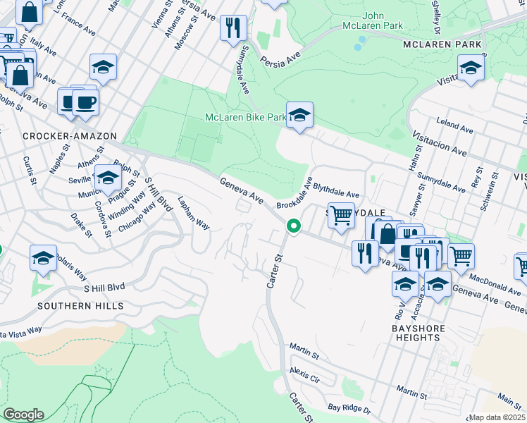 map of restaurants, bars, coffee shops, grocery stores, and more near 205 Stoneridge Lane in San Francisco