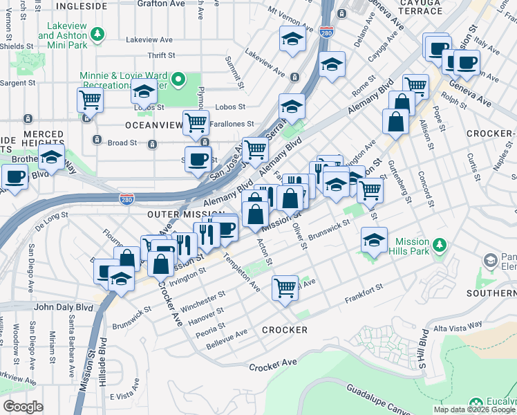 map of restaurants, bars, coffee shops, grocery stores, and more near 930 Huron Avenue in San Francisco