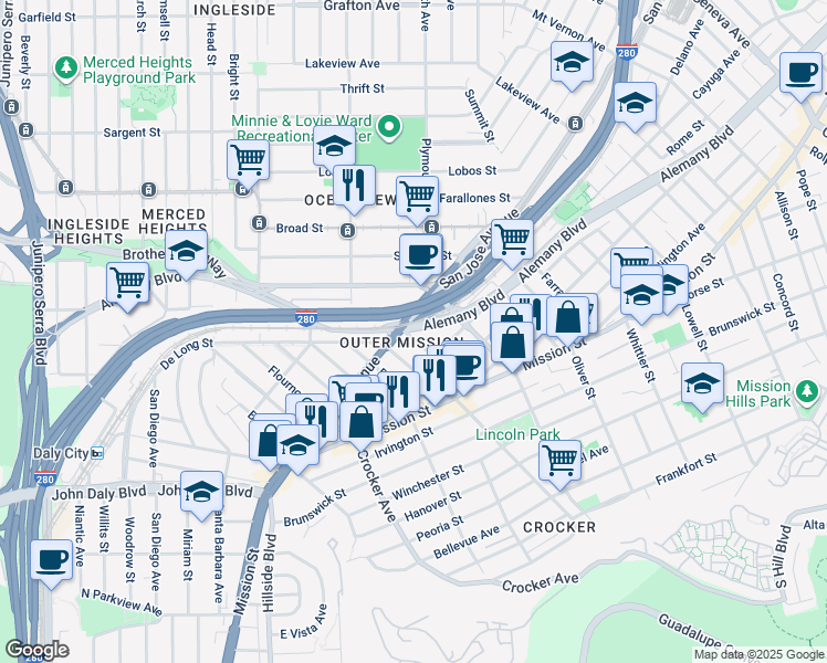 map of restaurants, bars, coffee shops, grocery stores, and more near 87 Regent Street in San Francisco