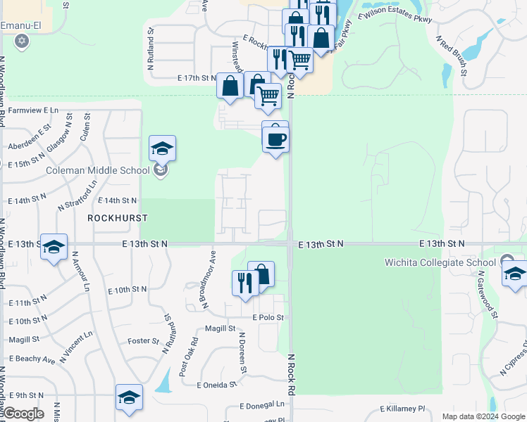map of restaurants, bars, coffee shops, grocery stores, and more near 79th Street East in Wichita
