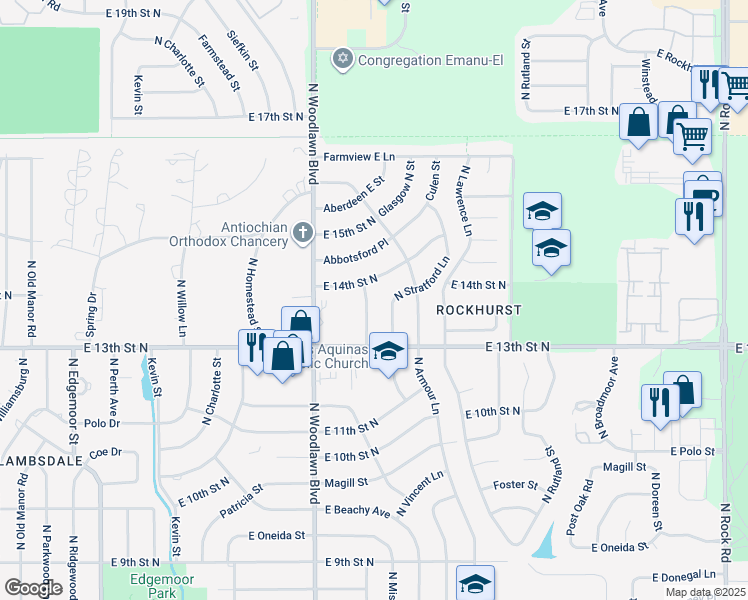 map of restaurants, bars, coffee shops, grocery stores, and more near 1454 Brookfield North Road in Wichita