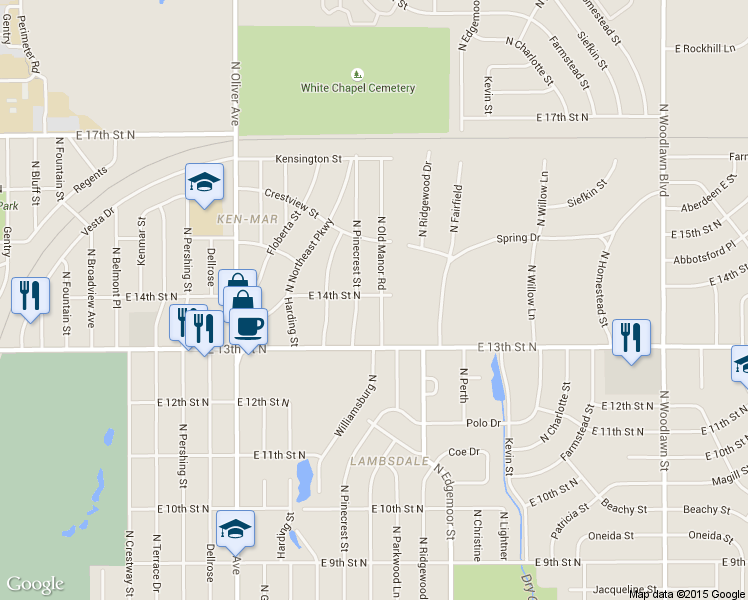 map of restaurants, bars, coffee shops, grocery stores, and more near 1462 North Pinecrest Street in Wichita