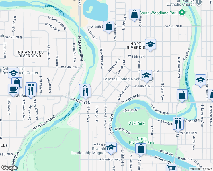 map of restaurants, bars, coffee shops, grocery stores, and more near 1457 Coolidge Street in Wichita