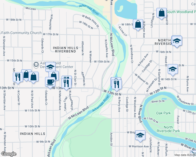 map of restaurants, bars, coffee shops, grocery stores, and more near 1420 North Clarence Avenue in Wichita