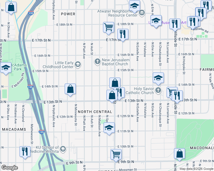 map of restaurants, bars, coffee shops, grocery stores, and more near 2298 E 14th Street North in Wichita