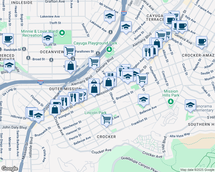 map of restaurants, bars, coffee shops, grocery stores, and more near 35 Laura Street in San Francisco