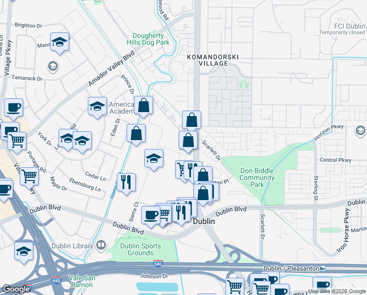 map of restaurants, bars, coffee shops, grocery stores, and more near 6398 Dougherty Road in Dublin