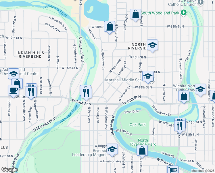 map of restaurants, bars, coffee shops, grocery stores, and more near 1457 Coolidge Street in Wichita