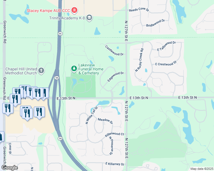 map of restaurants, bars, coffee shops, grocery stores, and more near 12509 Edgewood Drive in Wichita