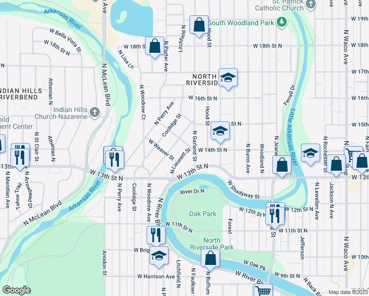 map of restaurants, bars, coffee shops, grocery stores, and more near 1475 North Lieunett Street in Wichita