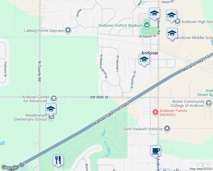 map of restaurants, bars, coffee shops, grocery stores, and more near 1341 N Valley Ct in Andover