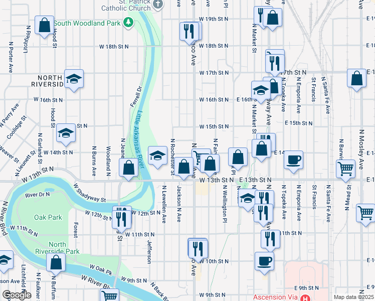 map of restaurants, bars, coffee shops, grocery stores, and more near 416 W 14th St N in Wichita
