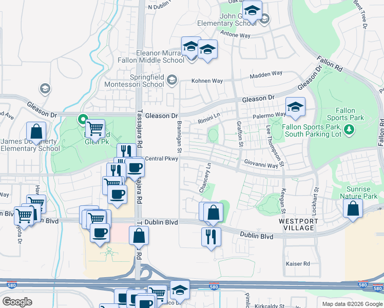 map of restaurants, bars, coffee shops, grocery stores, and more near 3735 Central Parkway in Dublin