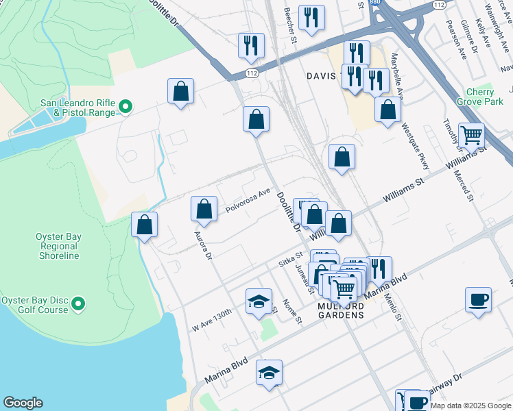 map of restaurants, bars, coffee shops, grocery stores, and more near 2200 Polvorosa Avenue in San Leandro