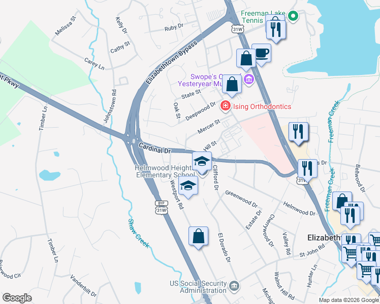 map of restaurants, bars, coffee shops, grocery stores, and more near 307 Cardinal Drive in Elizabethtown