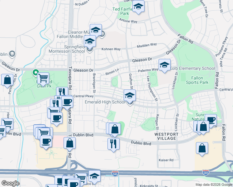 map of restaurants, bars, coffee shops, grocery stores, and more near 4621 Rimini Court in Dublin