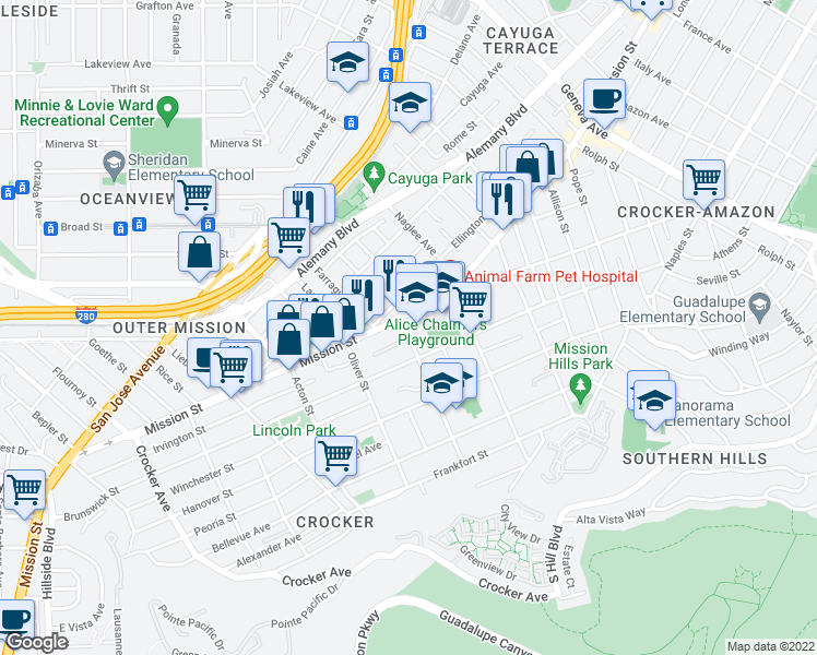 map of restaurants, bars, coffee shops, grocery stores, and more near 21 Whittier Street in San Francisco