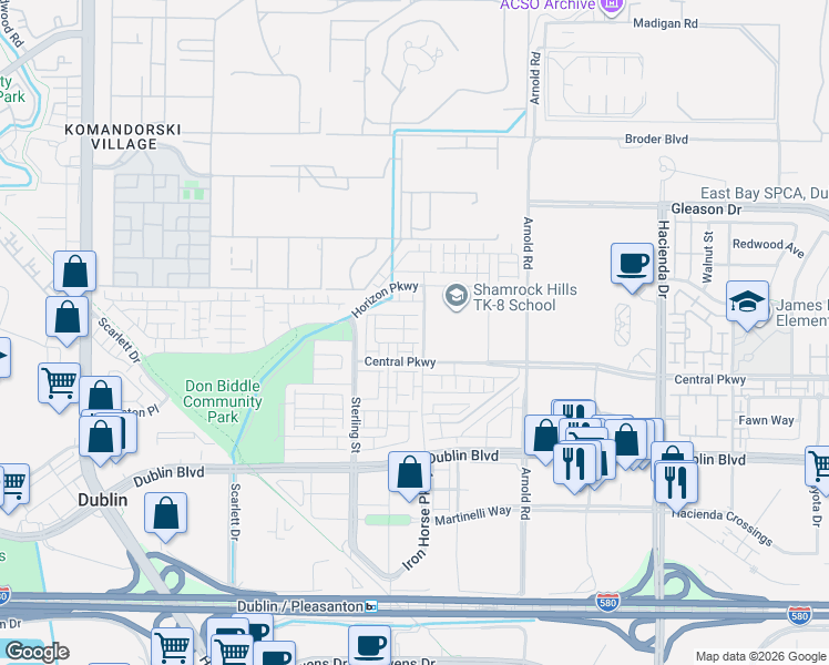 map of restaurants, bars, coffee shops, grocery stores, and more near 5919 Abbott Street in Dublin