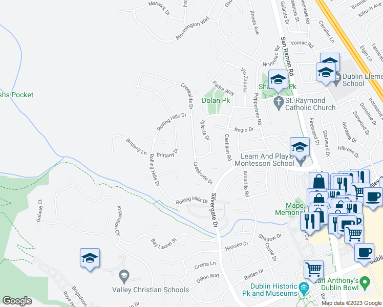 map of restaurants, bars, coffee shops, grocery stores, and more near 7920 Creekside Drive in Dublin