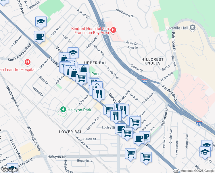 map of restaurants, bars, coffee shops, grocery stores, and more near 1544 148th Avenue in San Leandro