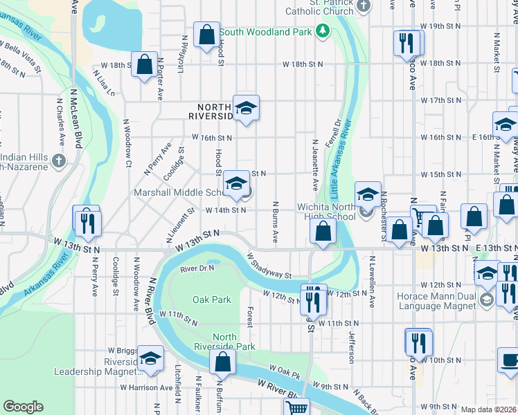 map of restaurants, bars, coffee shops, grocery stores, and more near 1024 West 14th Street North in Wichita