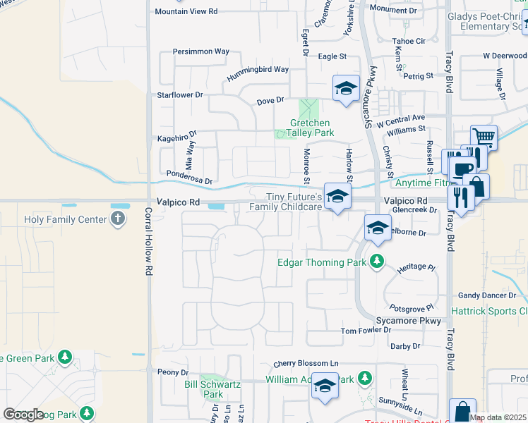 map of restaurants, bars, coffee shops, grocery stores, and more near 1601 Granite Place in Tracy