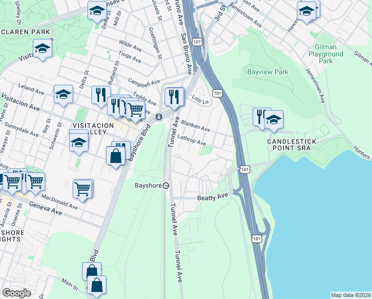 map of restaurants, bars, coffee shops, grocery stores, and more near 448 Peninsula Avenue in San Francisco