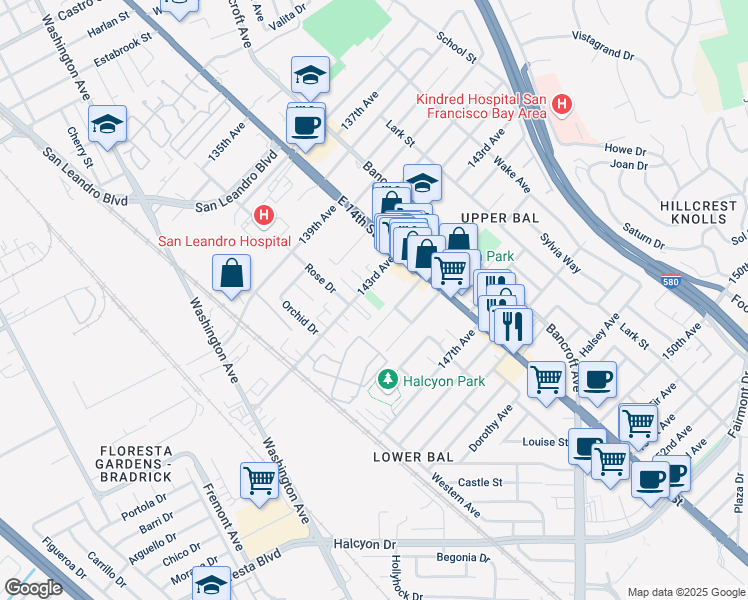 map of restaurants, bars, coffee shops, grocery stores, and more near 1220 143rd Avenue in San Leandro