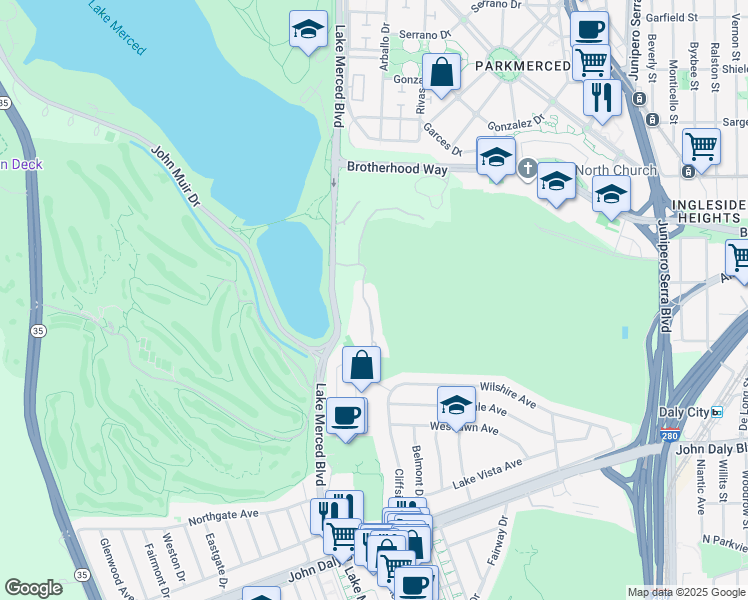 map of restaurants, bars, coffee shops, grocery stores, and more near 109 South Lake Merced Hills in San Francisco