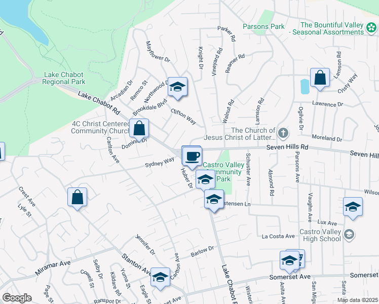 map of restaurants, bars, coffee shops, grocery stores, and more near 34 Seven Hills Road in Castro Valley