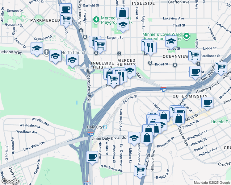 map of restaurants, bars, coffee shops, grocery stores, and more near 8200 Oceanview Terrace in San Francisco