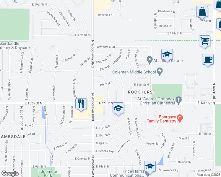 map of restaurants, bars, coffee shops, grocery stores, and more near 1454 Brookfield North Road in Wichita
