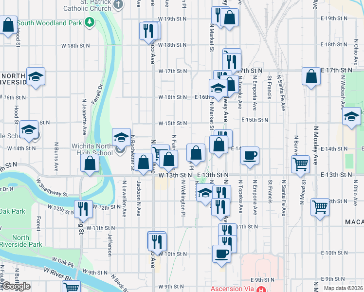 map of restaurants, bars, coffee shops, grocery stores, and more near 124 West 14th Street North in Wichita