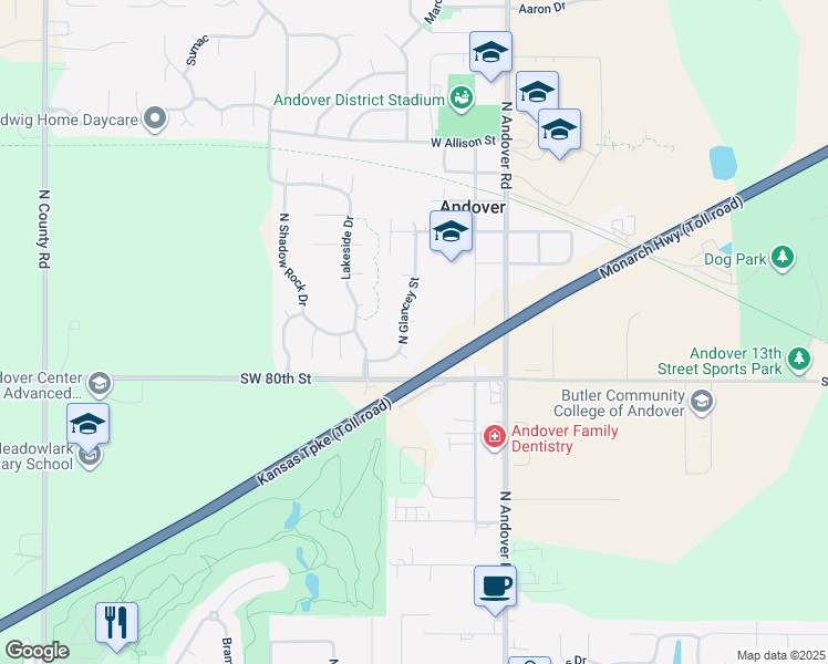map of restaurants, bars, coffee shops, grocery stores, and more near 407 West Ellis Court in Andover