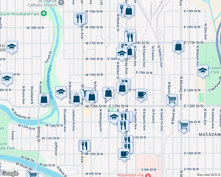 map of restaurants, bars, coffee shops, grocery stores, and more near 114 East 14th Street North in Wichita