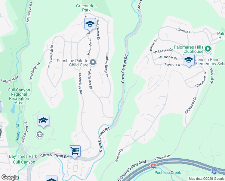 map of restaurants, bars, coffee shops, grocery stores, and more near 5657 Shadow Ridge Drive in Castro Valley