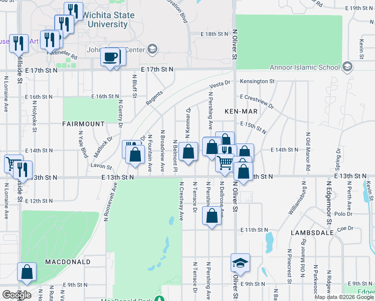 map of restaurants, bars, coffee shops, grocery stores, and more near 4401 East 14th Street North in Wichita